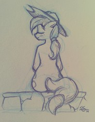 Size: 1001x1280 | Tagged: safe, artist:cobaltsnow, applejack, earth pony, anthro, g4, eyes closed, female, happy, monochrome, sitting, solo, traditional art, tumblr