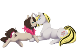 Size: 1024x696 | Tagged: safe, oc, oc only, pony, bedroom eyes, black sclera, boop, eye contact, female, horn, horns are touching, male, mare, noseboop, prone, shipping, simple background, smiling, stallion, straight, transparent background, underhoof