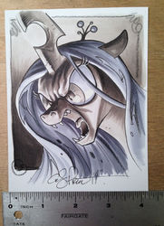 Size: 1095x1512 | Tagged: safe, artist:andy price, queen chrysalis, g4, female, monochrome, solo, traditional art