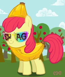 Size: 529x623 | Tagged: safe, artist:mcponyponypony, apple bloom, g4, banana, banana suit, bananabloom, female, request, requested art, shutter shades, solo, sunglasses, swag, sweet apple acres