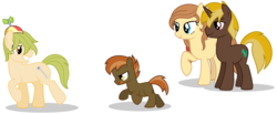 Size: 7286x3000 | Tagged: safe, artist:mythilas, button mash, oc, oc:cream heart, earth pony, pony, unicorn, g4, :p, absurd resolution, brother, brothers, chase, colt, cute, family, father, female, foal, hat, male, mare, microchip, siblings, simple background, stallion, tongue out, transparent background, vector, wrench
