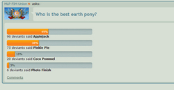 Size: 713x369 | Tagged: safe, applejack, coco pommel, photo finish, pinkie pie, g4, deviantart, poll, text