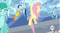 Size: 576x324 | Tagged: safe, screencap, cloudchaser, fleetfoot, flitter, fluttershy, helia, rainbow dash, soarin', spike, spitfire, spring melody, sprinkle medley, pegasus, pony, equestria games (episode), g4, animated, background pony, equestria games, hub logo, hubble, ice, ice cloud, the hub