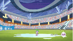 Size: 576x324 | Tagged: safe, screencap, spike, dragon, equestria games (episode), g4, animated, crystal stadium, equestria games, hub logo, hubble, male, puddle, solo, stadium, the hub