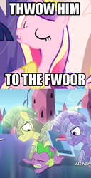 Size: 737x1436 | Tagged: safe, edit, edited screencap, screencap, amethyst stone, princess cadance, spike, alicorn, crystal pony, dragon, pony, equestria games (episode), g4, games ponies play, abuse, armor, crystal guard, crystal guard armor, image macro, impact font, lisp, male, meme, monty python, monty python's life of brian, spikeabuse, stallion