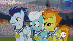 Size: 576x324 | Tagged: safe, screencap, fleetfoot, soarin', spitfire, pegasus, pony, equestria games (episode), g4, all new, animated, clothes, cringing, equestria games, eye shimmer, female, frown, gritted teeth, hub logo, hubble, lidded eyes, male, mare, medal, open mouth, sad, shirt, shocked, stallion, text, the hub, wide eyes, worried
