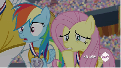 Size: 576x324 | Tagged: safe, screencap, bulk biceps, fluttershy, rainbow dash, equestria games (episode), g4, animated, cringing, equestria games, hub logo, hubble, medal, open mouth, reaction image, the hub, thousand yard stare