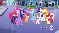 Size: 1920x1080 | Tagged: safe, screencap, apple bloom, applejack, pinkie pie, rainbow dash, rarity, scootaloo, sweetie belle, twilight sparkle, alicorn, pony, equestria games (episode), g4, animation error, cutie mark crusaders, female, hub logo, mare, twilight sparkle (alicorn)