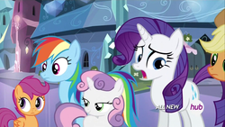 Size: 1920x1080 | Tagged: safe, screencap, applejack, rainbow dash, rarity, scootaloo, sweetie belle, equestria games (episode), g4, hub logo, lidded eyes, out of context