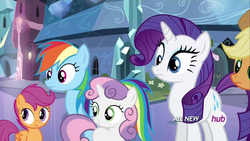 Size: 1920x1080 | Tagged: safe, screencap, applejack, rainbow dash, rarity, scootaloo, sweetie belle, equestria games (episode), g4, animation error, derp, hub logo