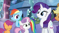 Size: 1920x1080 | Tagged: safe, screencap, applejack, rainbow dash, rarity, scootaloo, sweetie belle, equestria games (episode), g4, animation error, derp, hub logo