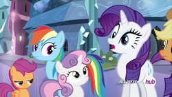 Size: 1920x1080 | Tagged: safe, screencap, applejack, rainbow dash, rarity, scootaloo, sweetie belle, equestria games (episode), g4, animation error, derp, hub logo