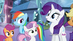 Size: 1920x1080 | Tagged: safe, screencap, applejack, rainbow dash, rarity, scootaloo, sweetie belle, equestria games (episode), g4, animation error, derp, hub logo