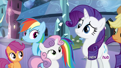 Size: 1920x1080 | Tagged: safe, screencap, applejack, rainbow dash, rarity, scootaloo, sweetie belle, equestria games (episode), g4, animation error, derp, hub logo