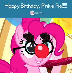 Size: 548x550 | Tagged: safe, pinkie pie, g4, official, female, grin, happy birthday, hub logo, mask, smiling, solo, text, the hub