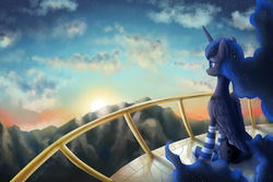 Size: 3000x2000 | Tagged: safe, artist:chickentech, princess luna, alicorn, pony, g4, balcony, clothes, cloud, crying, ethereal mane, female, folded wings, high res, mountain, scenery, sitting, socks, solo, striped socks, sunlight, sunrise, teary eyes, wings