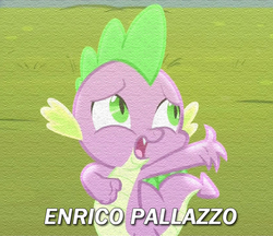 Size: 691x596 | Tagged: safe, edit, edited screencap, screencap, spike, equestria games (episode), g4, season 4, caption, cloudsdale anthem, enrico pallazzo, equestria games, male, reference, solo, text, the naked gun