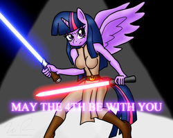 Size: 1576x1256 | Tagged: safe, artist:sonigoku, twilight sparkle, anthro, g4, breasts, busty twilight sparkle, cosplay, crossover, dual wield, female, fighting florentine, jedi, lightsaber, may the fourth be with you, pun, solo, star wars, twilight sparkle (alicorn)