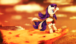 Size: 2600x1500 | Tagged: safe, artist:soortes, rarity, pony, g4, bipedal, clothes, crossover, female, naughty dog, scarf, scenery, shirt, shorts, solo, uncharted