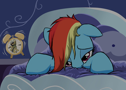 Size: 1100x783 | Tagged: safe, artist:narbarnar, daring do, rainbow dash, g4, alarm clock, bed, female, morning ponies, solo, tired