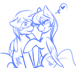 Size: 1000x900 | Tagged: safe, artist:azure-doodle, cloud kicker, oc, oc:gyro tech, pony, unicorn, g4, blushing, canon x oc, cloudro, female, heart, hug, looking at each other, male, mare, monochrome, shipping, sketch, smiling, stallion, straight, winghug