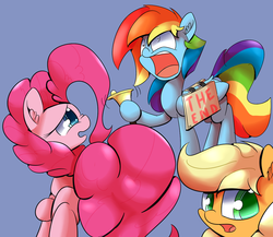 Size: 1280x1109 | Tagged: safe, artist:madacon, applejack, pinkie pie, rainbow dash, earth pony, pegasus, pony, g4, bell, bells, blue background, crazy face, doomsayer, female, frown, hoof hold, mare, nose wrinkle, open mouth, raised hoof, sandwich board, screaming, shrunken pupils, sign, simple background, wide eyes, worried