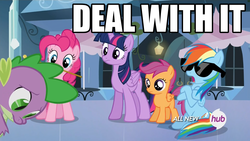 Size: 1920x1080 | Tagged: safe, screencap, pinkie pie, rainbow dash, scootaloo, spike, twilight sparkle, alicorn, pony, equestria games, g4, deal with it, female, hub logo, mare, meme, sunglasses, twilight sparkle (alicorn)