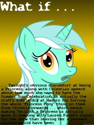 Size: 625x833 | Tagged: safe, lyra heartstrings, princess celestia, twilight sparkle, alicorn, pony, g4, alicorn drama, conspiracy lyra, drama, exploitable meme, female, image macro, meme, op is a duck, solo, summer sun celebration, tl;dr, twilight sparkle (alicorn), what if