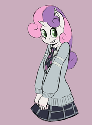 Size: 907x1226 | Tagged: dead source, safe, artist:fiddlearts, sweetie belle, anthro, g4, clothes, cute, female, necktie, school uniform, skirt, solo