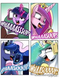 Size: 800x1050 | Tagged: safe, artist:johnjoseco, princess cadance, princess celestia, princess luna, twilight sparkle, alicorn, pony, g4, alicorn tetrarchy, budweiser, cellphone, dialogue, female, iphone, kallisti, magic, mare, phone, scream (movie), smiling, text, tongue out, twilight sparkle (alicorn), wassup