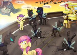 Size: 4900x3507 | Tagged: safe, artist:lucy-tan, oc, oc only, oc:queen volucris, changeling, changeling queen, bronycan, changeling queen oc, confederation bridge, female, taxi