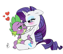Size: 1200x1034 | Tagged: safe, artist:pia-sama, rarity, spike, dragon, pony, unicorn, g4, duo, female, heart, hug from behind, kissing, male, ship:sparity, shipping, simple background, spikelove, straight, white background