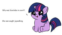 Size: 1194x668 | Tagged: safe, scootaloo, twilight sparkle, g4, exploitable meme, female, filly, filly twilight sparkle, joke, meme, solo, stealth pun, text