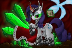 Size: 1095x730 | Tagged: safe, artist:jamesmilhauser, king sombra, rarity, g4, armor, book, corrupted, crystal, curved horn, dark magic, female, horn, magic, solo, sombra eyes