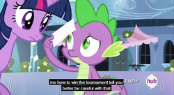 Size: 635x346 | Tagged: safe, screencap, spike, twilight sparkle, alicorn, pony, equestria games (episode), g4, female, hub logo, mare, meme, paper, pencil, twilight sparkle (alicorn), youtube caption