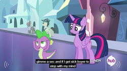 Size: 624x349 | Tagged: safe, screencap, lucky clover, spike, twilight sparkle, alicorn, dragon, pony, equestria games, g4, female, hub logo, mare, meme, slender, thin, twilight sparkle (alicorn), youtube caption