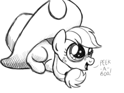 Size: 2000x1500 | Tagged: safe, artist:drawponies, applejack, g4, apple, cute, female, filly, hat, jackabetes, monochrome, peekaboo, sketch, solo