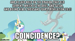 Size: 480x265 | Tagged: safe, edit, edited screencap, screencap, discord, princess celestia, g4, keep calm and flutter on, bible, bible verse, book of revelation, caption, hub logo, image macro, imgflip, meme, religion, royal guard, statue, text, verse