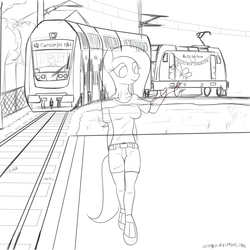 Size: 4000x4000 | Tagged: safe, artist:orang111, fluttershy, butterfly, anthro, g4, deutsche bahn, locomotive, monochrome, platform, sketch, train, wip