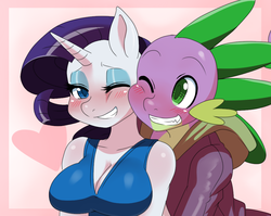 Size: 1035x825 | Tagged: safe, artist:ss2sonic, rarity, spike, anthro, g4, blushing, breasts, busty rarity, female, male, ship:sparity, shipping, straight