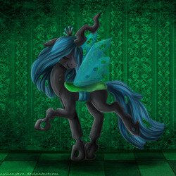 Size: 800x800 | Tagged: safe, artist:aschenstern, queen chrysalis, changeling, changeling queen, g4, crown, eyes closed, female, jewelry, raised hoof, raised leg, regalia, smiling, solo, transparent wings, wings