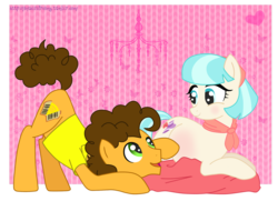 Size: 1280x925 | Tagged: safe, artist:jaquelindreamz, cheese sandwich, coco pommel, g4, blushing, cheesecoco, coco preggo, crack shipping, cute, eye contact, face down ass up, female, male, pillow, pregnant, prone, shipping, smiling, straight