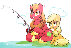 Size: 1600x1078 | Tagged: safe, artist:joycall6, applejack, big macintosh, earth pony, pony, g4, duo, fishing, fishing rod, male, stallion