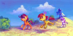 Size: 1280x640 | Tagged: dead source, safe, artist:holivi, apple bloom, princess luna, scootaloo, sweetie belle, alicorn, earth pony, pegasus, pony, unicorn, g4, blank flank, bush, clothes, cloud, cutie mark crusaders, dress, female, filly, foal, hat, mare, open mouth, open smile, signature, sky, smiling, spread wings, sun hat, walking, wings