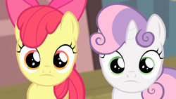 Size: 1920x1080 | Tagged: safe, screencap, apple bloom, sweetie belle, flight to the finish, g4, face, faic, frown