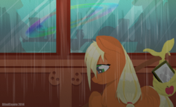 Size: 2000x1214 | Tagged: safe, artist:blindcoyote, applejack, g4, bindle, female, filly, kallisti, rain, solo, wet mane