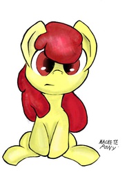 Size: 574x768 | Tagged: safe, artist:macheteponies, apple bloom, earth pony, pony, g4, confused, female, filly, foal, looking at you, missing accessory, solo