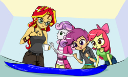 Size: 1207x731 | Tagged: safe, artist:twilite-sparkleplz, apple bloom, scootaloo, sunset shimmer, sweetie belle, equestria girls, g4, adorabloom, alternate clothes, bags under eyes, blueprint, bow, clothes, cup, cute, cutealoo, cutie mark crusaders, diasweetes, excited, female, glasses, hair bow, jacket, mouth hold, mug, open mouth, pants, pen, raised eyebrow, shimmerbetes, shirt, skirt, smiling, tank top, wristband