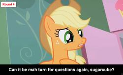 Size: 1600x973 | Tagged: safe, applejack, earth pony, pony, comic:celestia's servant interview, g4, caption, cs captions, female, interview, mare, meta, solo