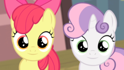 Size: 1920x1080 | Tagged: safe, edit, screencap, apple bloom, sweetie belle, flight to the finish, g4, face, faic, inverted mouth